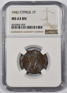 CYPRUS 1 PIASTRE 1942 COIN OF KGVI NGC MS63BN RARE CYPRUS 1 PIASTRE 1942 COIN OF KGVI NGC MS63BN RARE