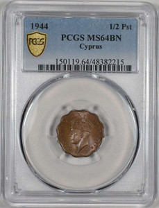 CYPRUS 1/2 PIASTRES COIN 1944 UNC OF KGVI PCGS MS64 CYPRUS 1/2 PIASTRES COIN 1944 UNC OF KGVI PCGS MS64