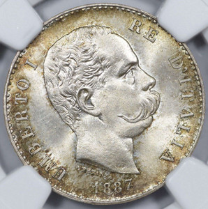 ITALY SILVER LIRA UBERTO I 1887 M NGC MS66+ ITALY SILVER LIRA UBERTO I 1887 M NGC MS66+