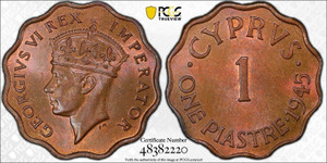 CYPRUS 1 PIASTRE COIN 1945 PCGS MS64+BN CYPRUS 1 PIASTRE COIN 1945 PCGS MS64+BN
