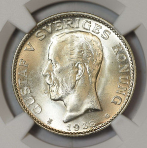 SWEDEN SILVER 1 KRONA 1938 G COIN GUSTAF V NGC MS66 SWEDEN SILVER 1 KRONA 1938 G COIN GUSTAF V NGC MS66