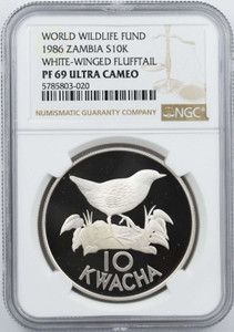 ZAMBIA 1986 SILVER 10 KWACHA COIN WWF FLUFFTAIL BIRD NGC PF69 UCA ZAMBIA 1986 SILVER 10 KWACHA COIN WWF FLUFFTAIL BIRD NGC PF69 UCA