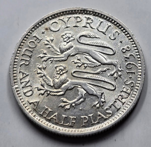 CYPRUS 4.5 SILVER PIASTRE COIN 1938 AU
