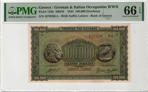 GREECE 1944 100,000 DRACHMAI WWII UNC P125b PMG 66 EPQ GREECE 1944 100,000 DRACHMAI WWII UNC P125b PMG 66 EPQ