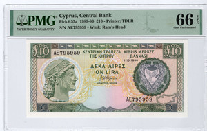CYPRUS 10 POUNDS 1990 BANKNOTE UNC p55a PMG 66 EPQ CYPRUS 10 POUNDS 1990 BANKNOTE UNC p55a PMG 66 EPQ