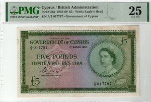 CYPRUS 5 POUND 1957 QUEEN ELIZABETH QEII p35a VERY RARE PMG 25 CYPRUS 5 POUND 1957 QUEEN ELIZABETH QEII p35a VERY RARE PMG 25