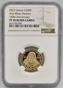GREECE 200 EURO GOLD COIN 2022 ASIA MINOR DISASTER NGC PF70 GREECE 200 EURO GOLD COIN 2022 ASIA MINOR DISASTER NGC PF70