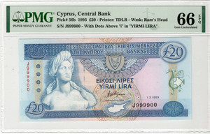 CYPRUS 20 POUNDS 1993 BANKNOTE PMG 66 EPQ p56b