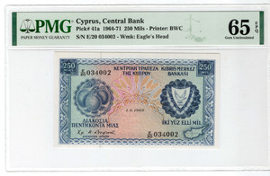 CYPRUS 250 MILS 1.04 1969 BANKNOTE UNC PMG 65 p41a