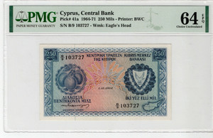 CYPRUS 250 MILS 1964 BANKNOTE UNC PMG 64 EPQ p41a RARE CYPRUS 250 MILS 1964 BANKNOTE UNC PMG 64 EPQ p41a RARE