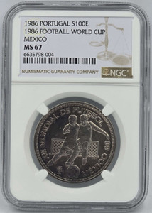 PORTUGAL 100 ESCUDOS 1986 MEXICO WORLD CUP NGC MS67 POP 1 PORTUGAL 100 ESCUDOS 1986 MEXICO WORLD CUP NGC MS67 POP 1