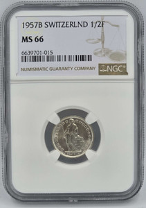 SWITZERLAND SILVER 1/2 FRANC 1957 B NGC MS66 SWITZERLAND SILVER 1/2 FRANC 1957 B NGC MS66