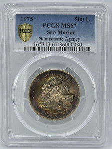 SAN MARINO 1975 SILVER 500 LIRE PCGS MS67 TOP RAINBOW COLOR SAN MARINO 1975 SILVER 500 LIRE PCGS MS67 TOP RAINBOW COLOR