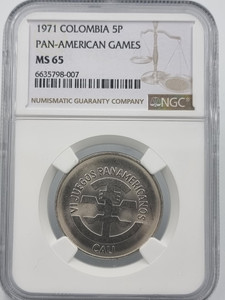 COLOMBIA 5 PESOS 1971 PAN-AMERICAN GAMES NGC MS65 POP 1 COIN COLOMBIA 5 PESOS 1971 PAN-AMERICAN GAMES NGC MS65 POP 1 COIN