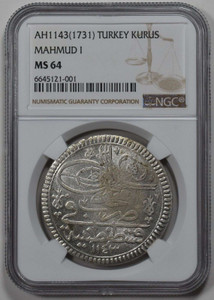 OTTOMAN TURKEY 1 KURUS COIN 1143 (1731) MAHMUD I NGC MS64 POP1 OTTOMAN TURKEY 1 KURUS COIN 1143 (1731) MAHMUD I NGC MS64 POP1