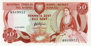 CYPRUS 50 CENTS 1984 BANKNOTE IN UNC p49