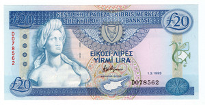 CYPRUS 20 POUNDS 1993 BANKNOTE IN UNC p56b