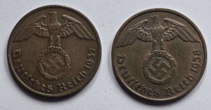 Germany 2 German coins of WWII 1937 - 1938 Reich 2 pfennig Germany 2 German coins of WWII 1937 - 1938 Reich 2 pfennig