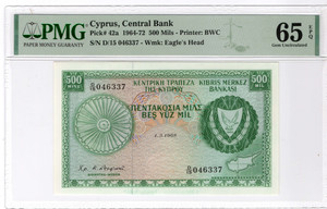 CYPRUS 500 MILS 1968 BANKNOTE PMG 65 EPQ RARE p42a CYPRUS 500 MILS 1968 BANKNOTE PMG 65 EPQ RARE p42a