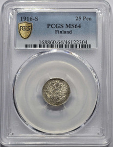 FINLAND SILVER 25 Pennia 1916 s PCGS MS64 FINLAND SILVER 25 Pennia 1916 s PCGS MS64