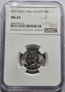 EGYPT 1941 KING FAROUK 5 MILS COIN NGC MS63 EGYPT 1941 KING FAROUK 5 MILS COIN NGC MS63