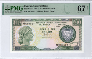 CYPRUS 10 POUNDS BANKNOTE 1995 PMG 67 EPQ p55d CYPRUS 10 POUNDS BANKNOTE 1995 PMG 67 EPQ p55d