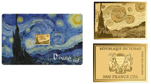 Vincent Van Gogh Starry Night 1/1000 Oz .999 Gold in Coin card 3000 Francs Chad Vincent Van Gogh Starry Night 1/1000 Oz .999 Gold in Coin card 3000 Francs Chad
