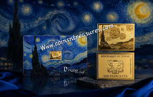 Vincent Van Gogh Starry Night 1/1000 Oz .999 Gold in Coin card 3000 Francs Chad
