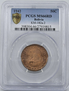 Bolivia 50 Centavos 1942 1st die PCGS MS66 RD RED UNC