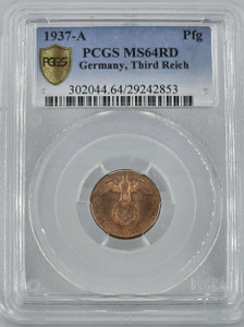 Germany WWII Third Reich 1937 A Reichspfennig PCGS MS64 RD Germany WWII Third Reich 1937 A Reichspfennig PCGS MS64 RD
