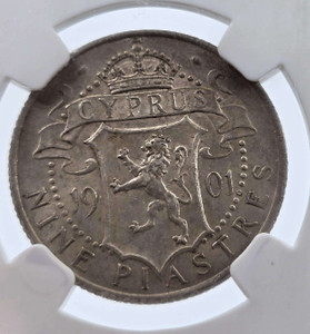 CYPRUS 9 PIASTRE SILVER COIN QUEEN VICTORIA 1901 NGC AU58