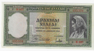 GREECE 1000 DRACHMAI 1939 UNC BANKNOTE p110