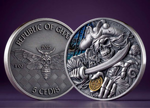 PIRATE Memento Mori 1 Oz Silver Coin 5 Cedis Ghana 2025 PIRATE Memento Mori 1 Oz Silver Coin 5 Cedis Ghana 2025