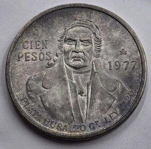 MEXICO 100 PESOS SILVER COIN 1977 Morelos