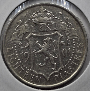CYPRUS 18 PIASTRE SILVER 1901 COIN QUEEN VICTORIA VF