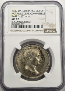 France Napoleon I Silver Medal 1840 Barre Notaries NGC MS62