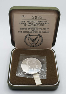 CYPRUS 1978 SILVER PROOF 500 MILS ''HUMAN RIGHTS'' BOX+COA CYPRUS 1978 SILVER PROOF 500 MILS ''HUMAN RIGHTS'' BOX+COA