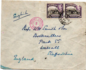 CYPRUS POSTAL HISTORY - KGVI 1940 CENSORED PASSED CENSOR 6 COVER CYPRUS TO ENGLAND CYPRUS POSTAL HISTORY - KGVI 1940 CENSORED PASSED CENSOR 6 COVER CYPRUS TO ENGLAND