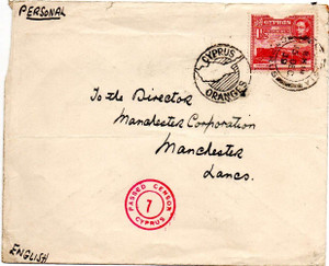 CYPRUS POSTAL HISTORY - KGVI 1939 CENSORED PASSED CENSOR 7 COVER CYPRUS TO ENGLAND CYPRUS POSTAL HISTORY - KGVI 1939 CENSORED PASSED CENSOR 7 COVER CYPRUS TO ENGLAND