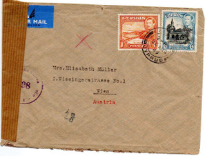 CYPRUS POSTAL HISTORY - KGVI 1949 CENSORED PASSED OPEN BY WIEN CENSOR 98 COVER CYPRUS TO AUSTRIA CYPRUS POSTAL HISTORY - KGVI 1949 CENSORED PASSED OPEN BY WIEN CENSOR 98 COVER CYPRUS TO AUSTRIA