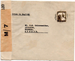 CYPRUS POSTAL HISTORY - KGVI 1943 CENSORED OPEN BY EXAMINER CENSOR M/7 PALESTINE TO CYPRUS CYPRUS POSTAL HISTORY - KGVI 1943 CENSORED OPEN BY EXAMINER CENSOR M/7 PALESTINE TO CYPRUS