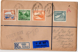 CYPRUS POSTAL HISTORY - KGVI 1938 REGISTERED LETTER COVER FDC 4 STAMP VALUES CYPRUS POSTAL HISTORY - KGVI 1938 REGISTERED LETTER COVER FDC 4 STAMP VALUES