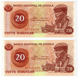 AFRICA ANGOLA 2 CONSECUTIVE 20 KWANZAS 1976 BANKNOTES UNC