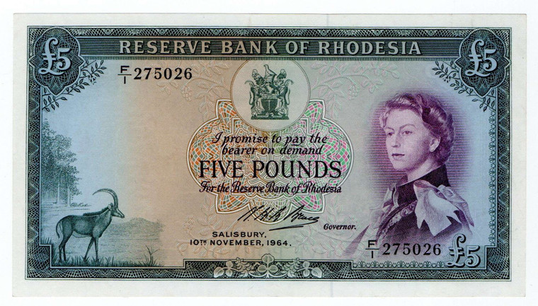RHODESIA 5 POUND BANKNOTE 1964 QEII p26 IN EXF-AU CONDITION