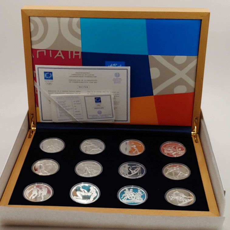 GREECE Athens 2004 Olympics Complete Collection 12 x 10 Euro silver coins in box with coa