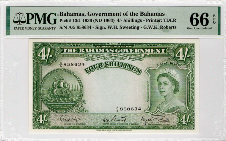 BAHAMAS 1963 10 SHILLINGS QEII P13d PMG 66 EPQ QUEEN ELIZABETH II