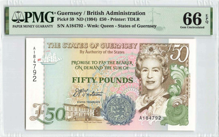 Guernsey ND (1994) P59 PMG Gem UNC 66 EPQ 50 Pounds QEII QUEEN ELIZABETH Banknote