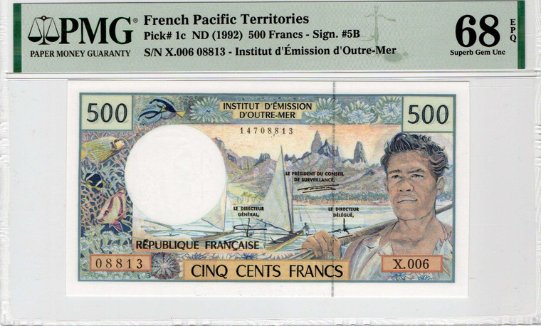French Pacific Territories ND (1992) P1c PMG Superb Gem UNC 68 EPQ 500 Francs banknote