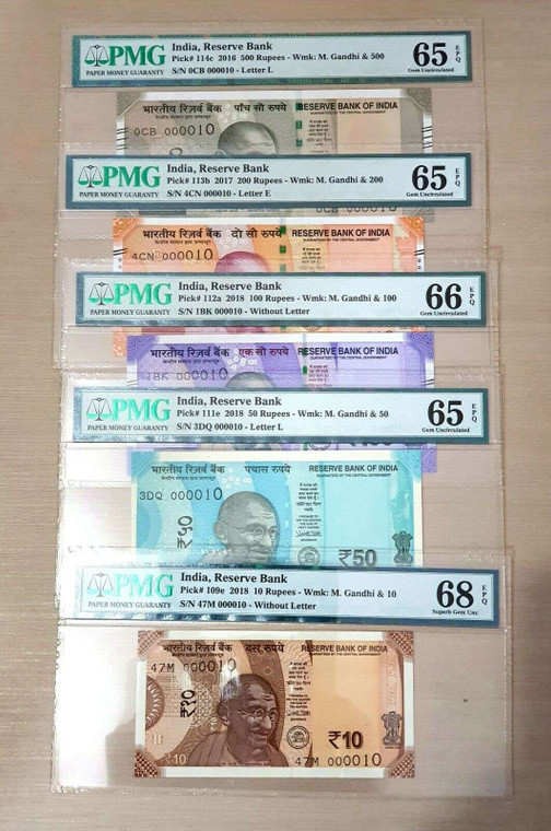 INDIA NEW 2016 - 2019 SET OF 500 200 100 50 10 RUPEES GEM UNC LOW SERIAL 10 PMG