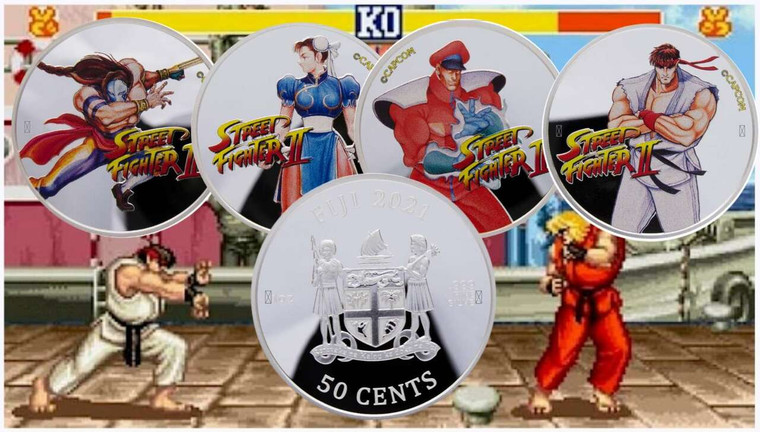 FIJI 2021 SILVER 1 OZ 999 4 PROOF COLOURED COINS STREET FIGHTER II 30TH ANNIVERSARY BU IN CAPSULES